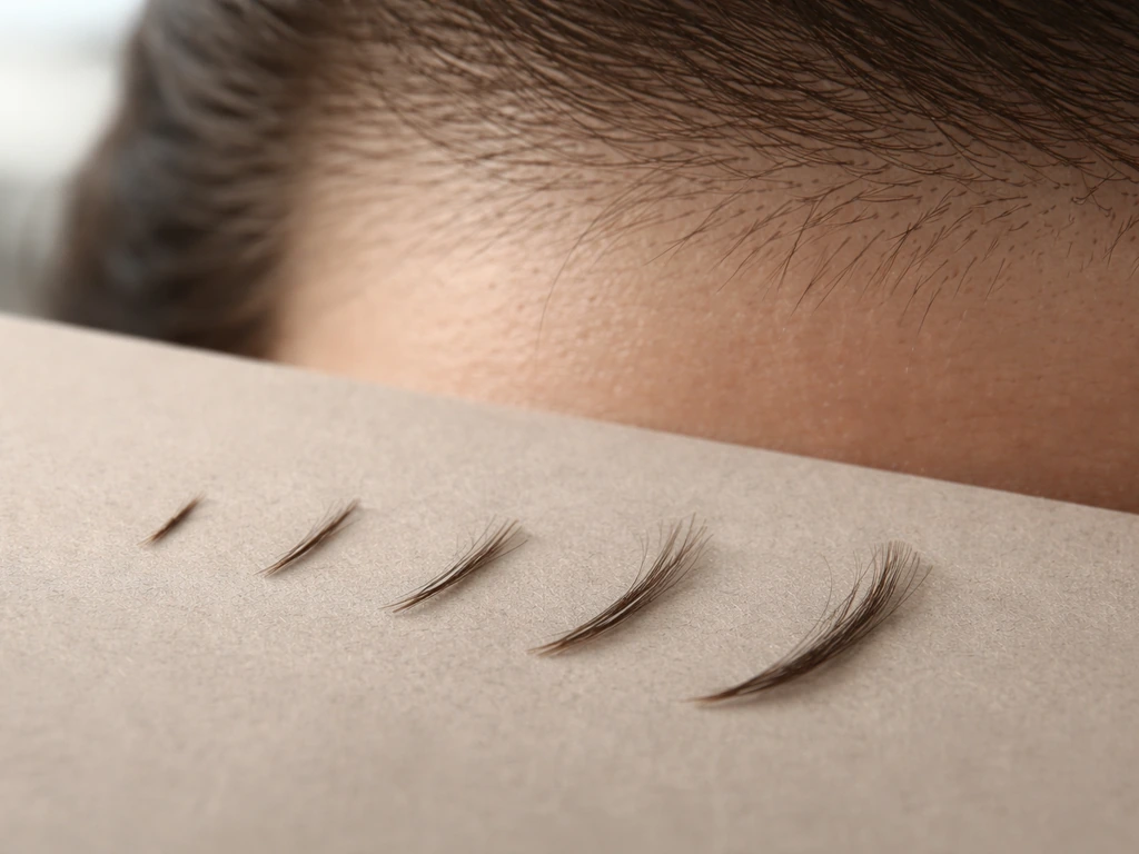 Close-up of a person’s scalp with hair regrowth strand lengths marked by discreet length blocks