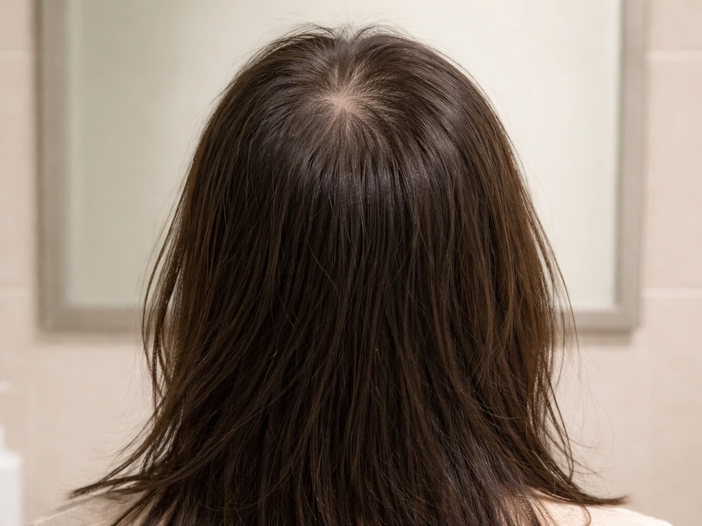 Back-of-head photo showing shorter, sparser crown hair and longer, thicker sides/back hair mismatch.