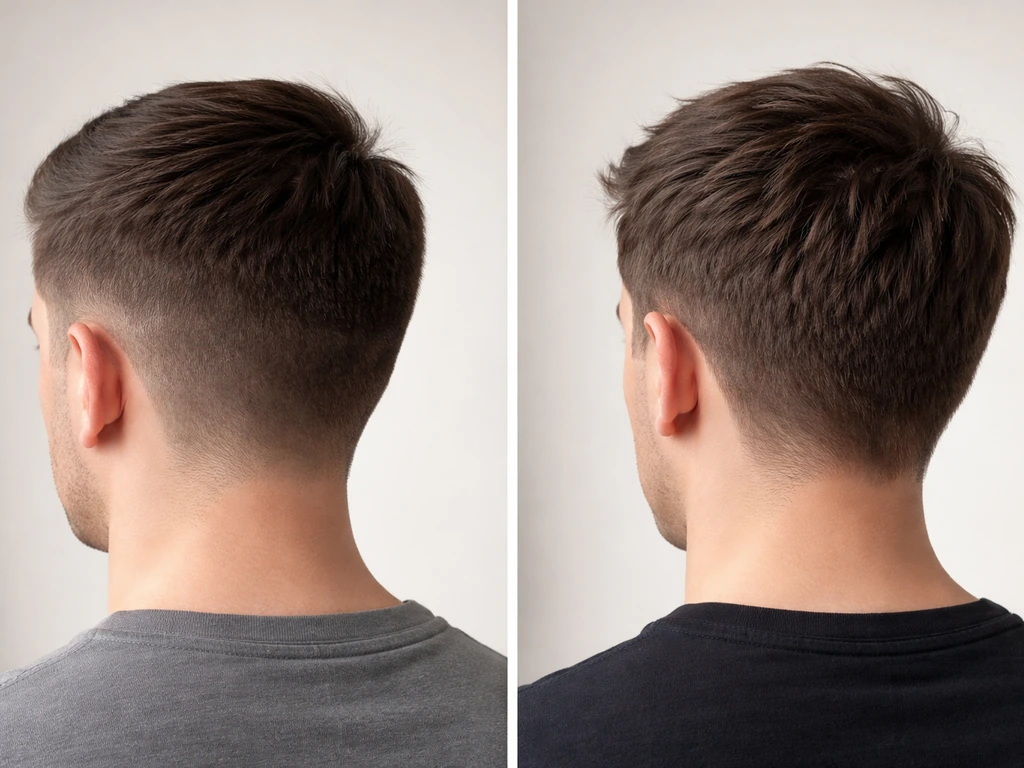 Split-screen style photo: two anonymous heads with short regrowth, one styled with a neat taper, the other with soft lay