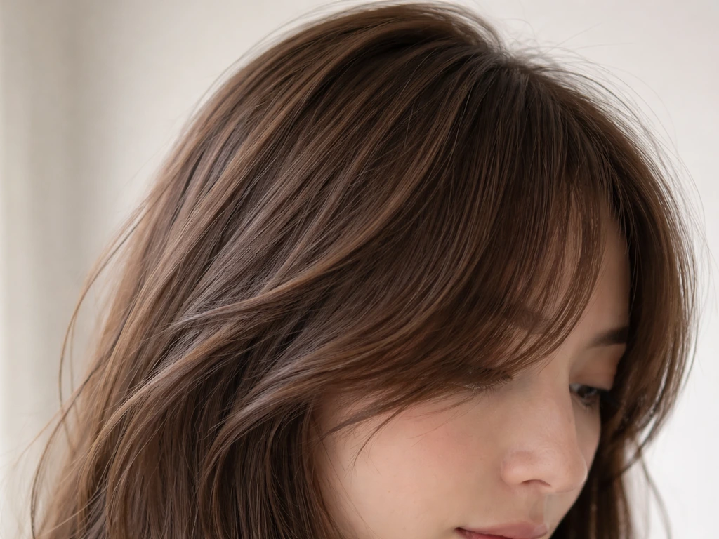 Close-up of grown-out bangs showing two lengths blending smoothly with a side-swept style