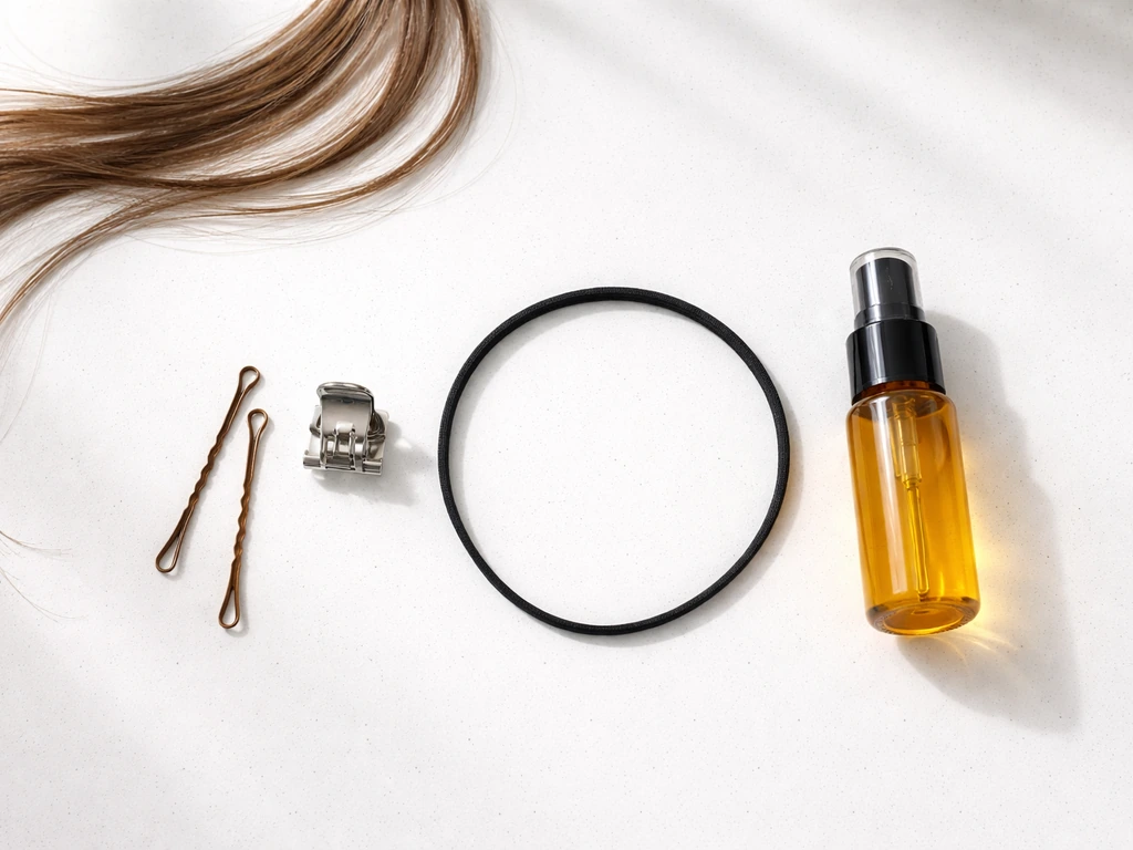 Neat flat-lay of bobby pins, small clip, headband, and styling serum for instant bangs fixes