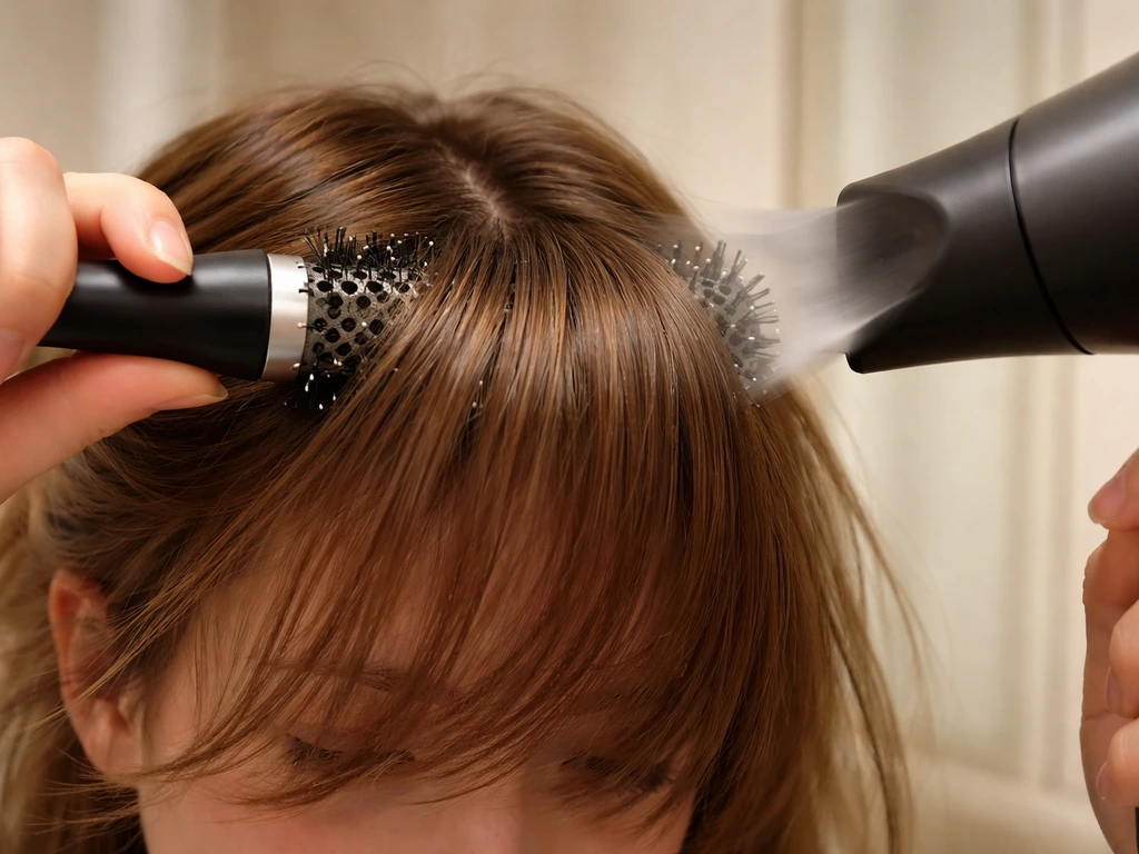 Round brush blow-drying bangs across the forehead with visible airflow and styling tension