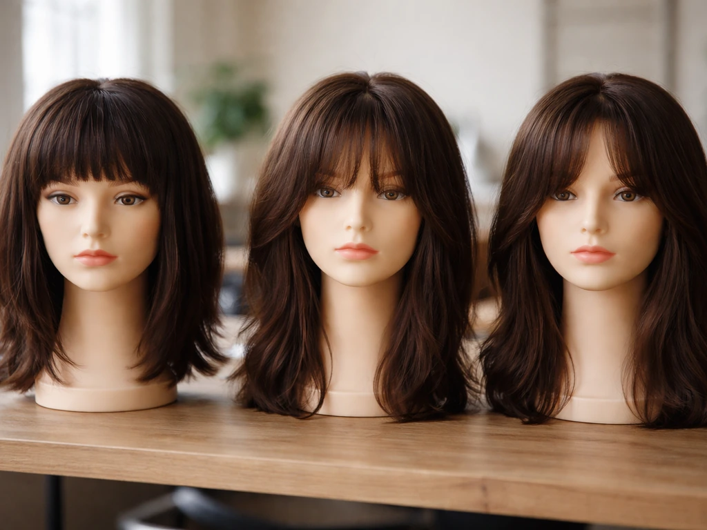 Three mannequin heads on a salon bench showing hair grow-out from short fringe to blended curtain style.