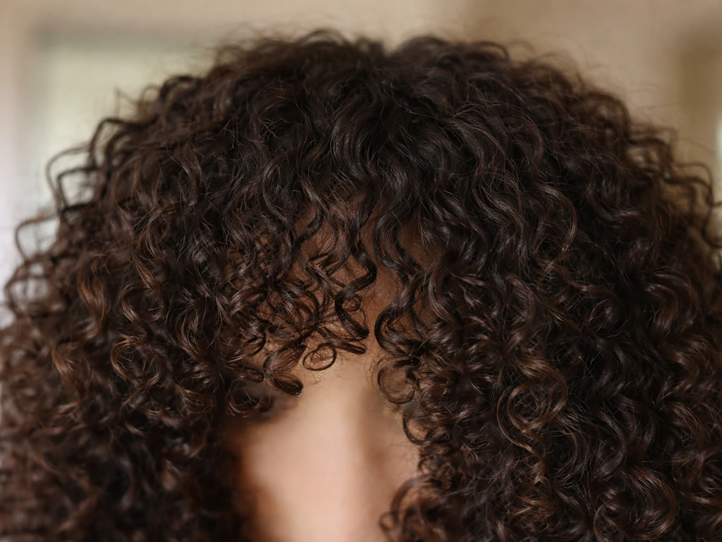 Close-up of curly hair and growing-out bangs showing curl texture softening the blunt edge
