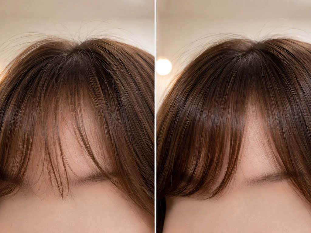 Split close-up of bangs: left frizzy and dry, right smoothed with anti-humidity serum on the strands.
