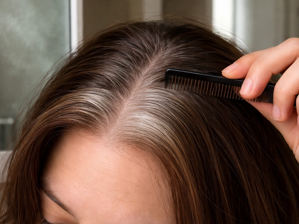 Close-up hairline showing natural white root growing next to colored hair, styled in front of a mirror