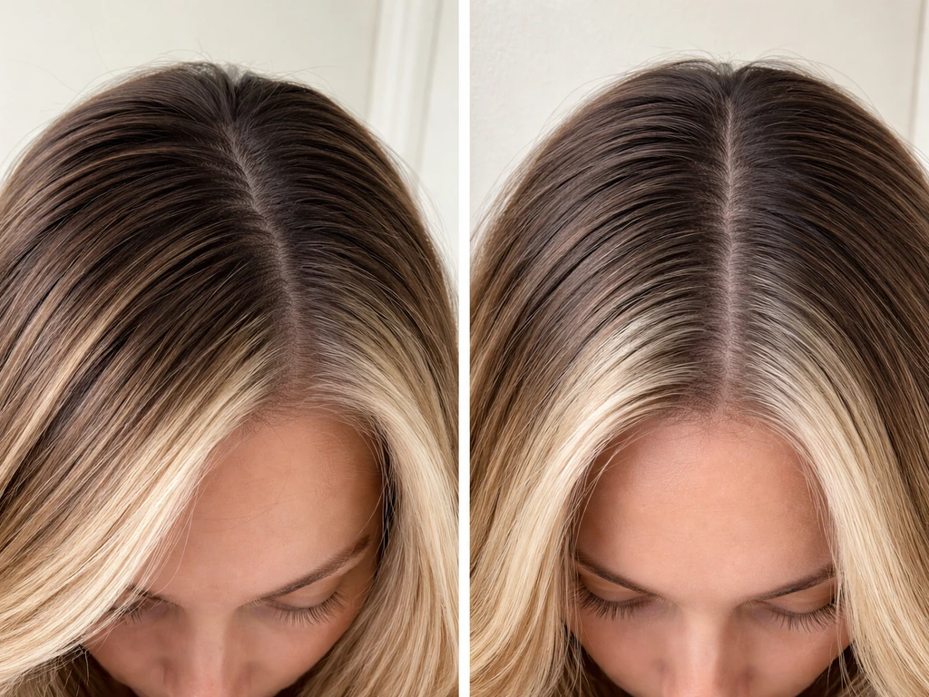 Close-up of styled hair showing side part versus straight center part and shifting root contrast.