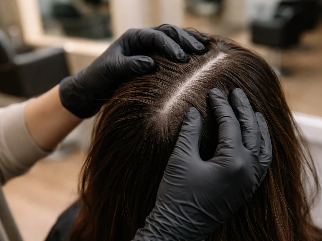 Hairdresser gently examines a client’s scalp during a hair consultation in a bright salon.
