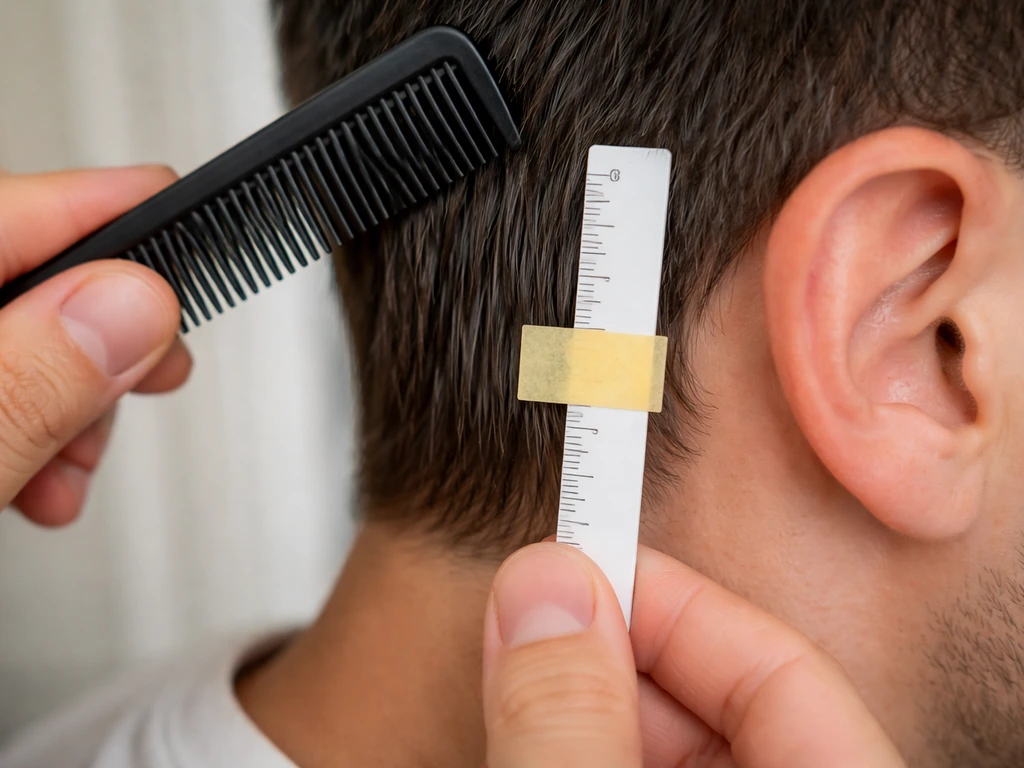 Close-up of hair combing with a hand measuring side hair length against a small ruler