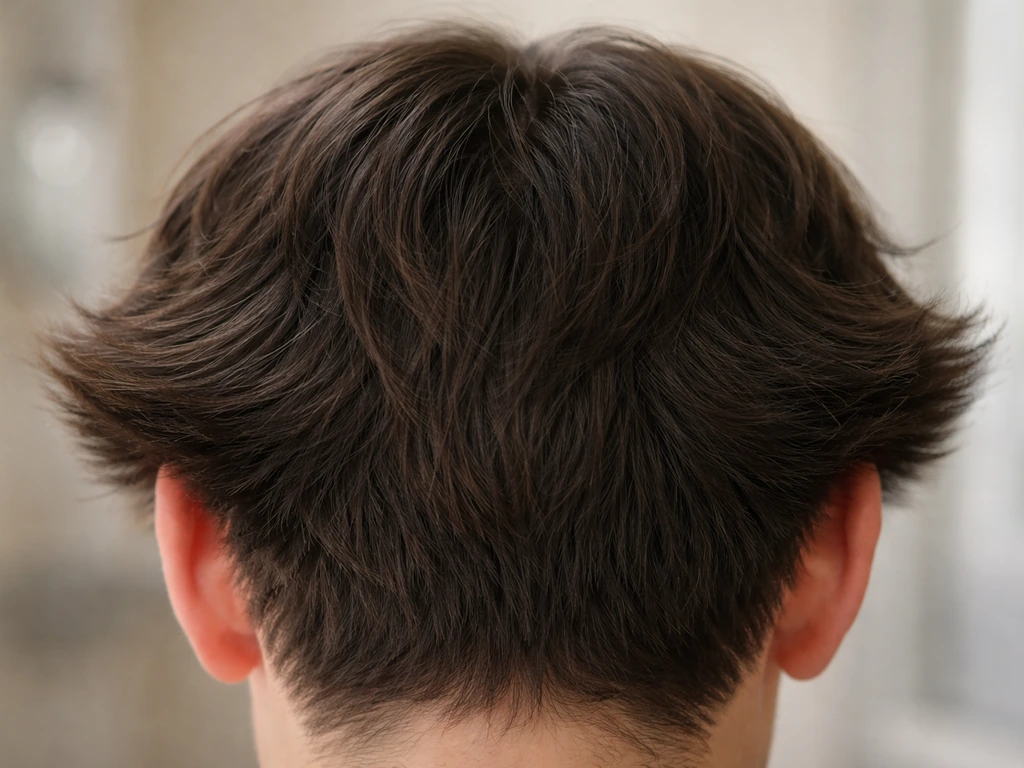 Close-up of a man’s hairline with sides flaring outward, shown against a cleaner line above the ears.