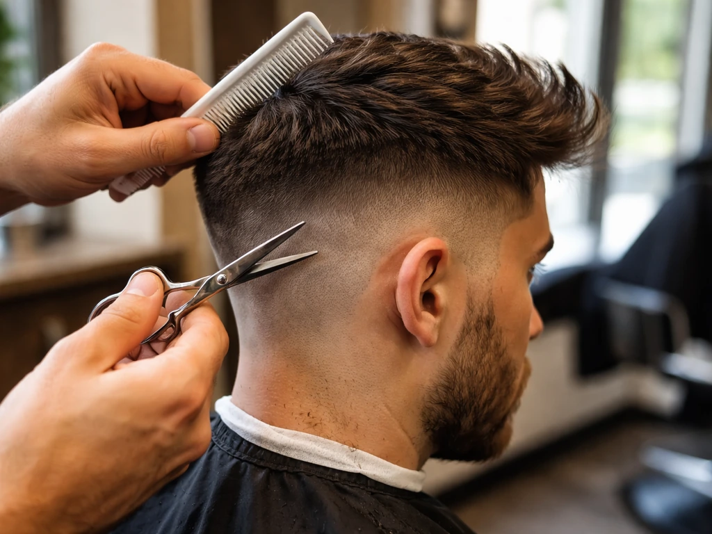 Barber trims the side blend zone with scissors and comb while keeping the top length.