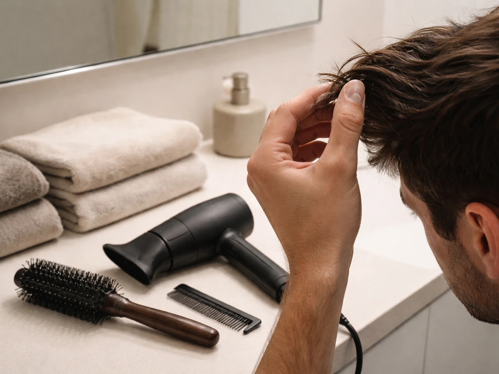 Matte clay on fingers with a comb and compact blow dryer on a small vanity counter