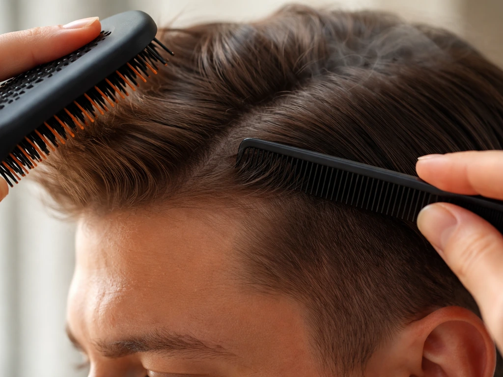 Close-up of a side cowlick being trained with a warm brush and combed into a part to lay flat.