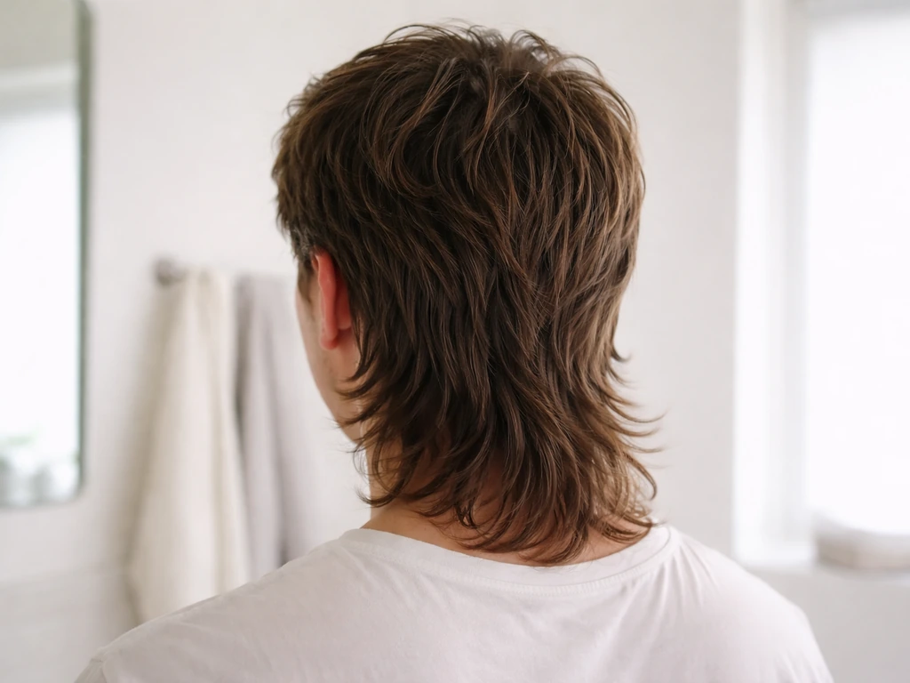 Back view showing a clear mullet haircut silhouette with longer hair at the crown’s back.