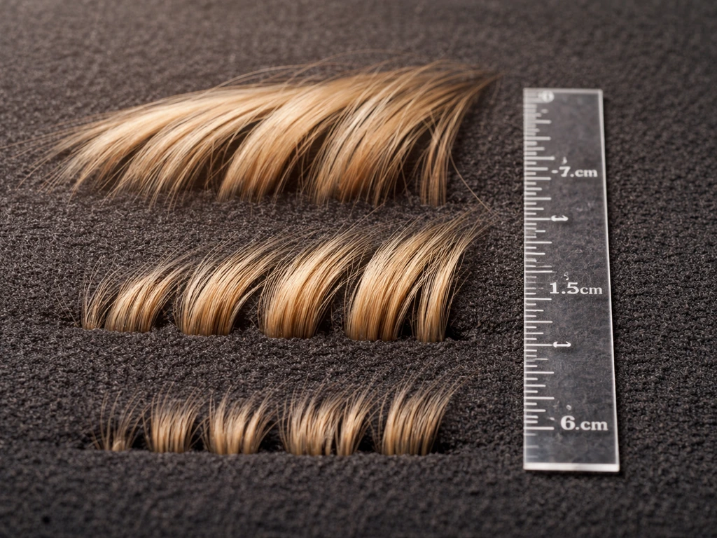 Minimal close-up showing calibrated mannequin hair strands arranged to suggest hair growth over months.