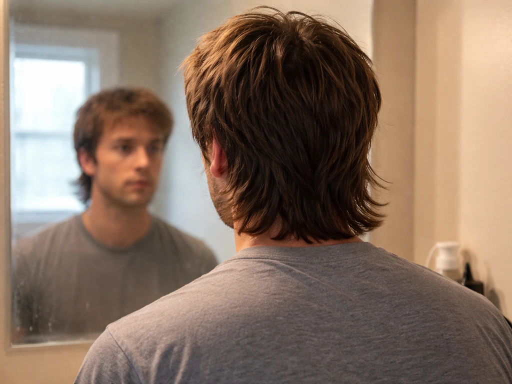 Close-up of a partially grown haircut in a mirror: back length noticeably longer, sides slightly shaggy
