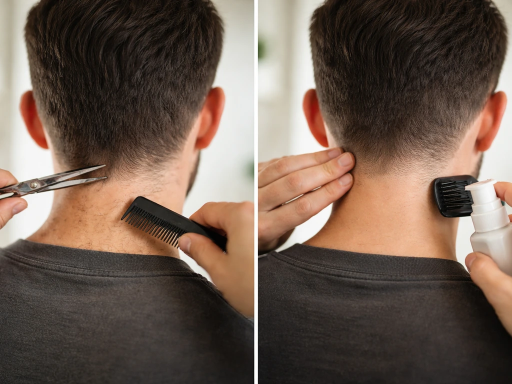 Hands tidying a neckline with scissors and applying styling product for a wearable grow-out look