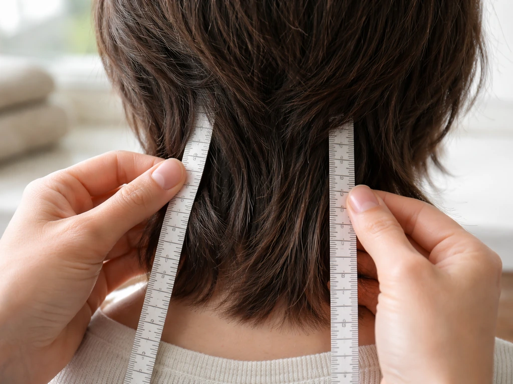 Hands measuring hair length with a tape, comparing side and back length on a clean counter.