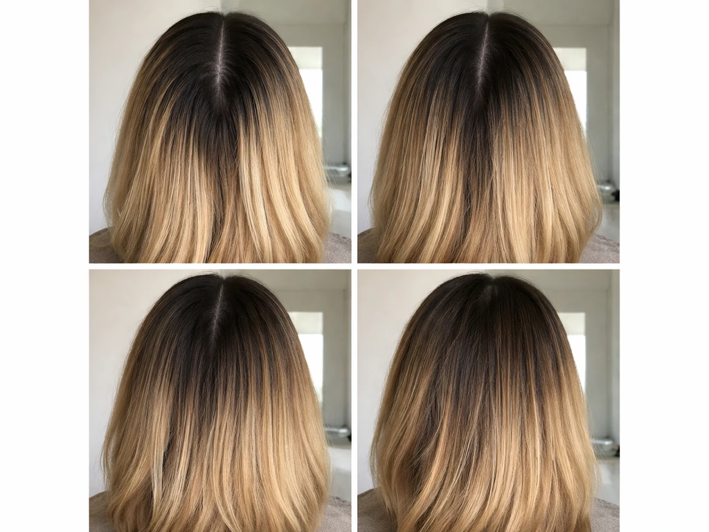 Four close-up photos showing hair regrowth stages from early root line to later blended growth