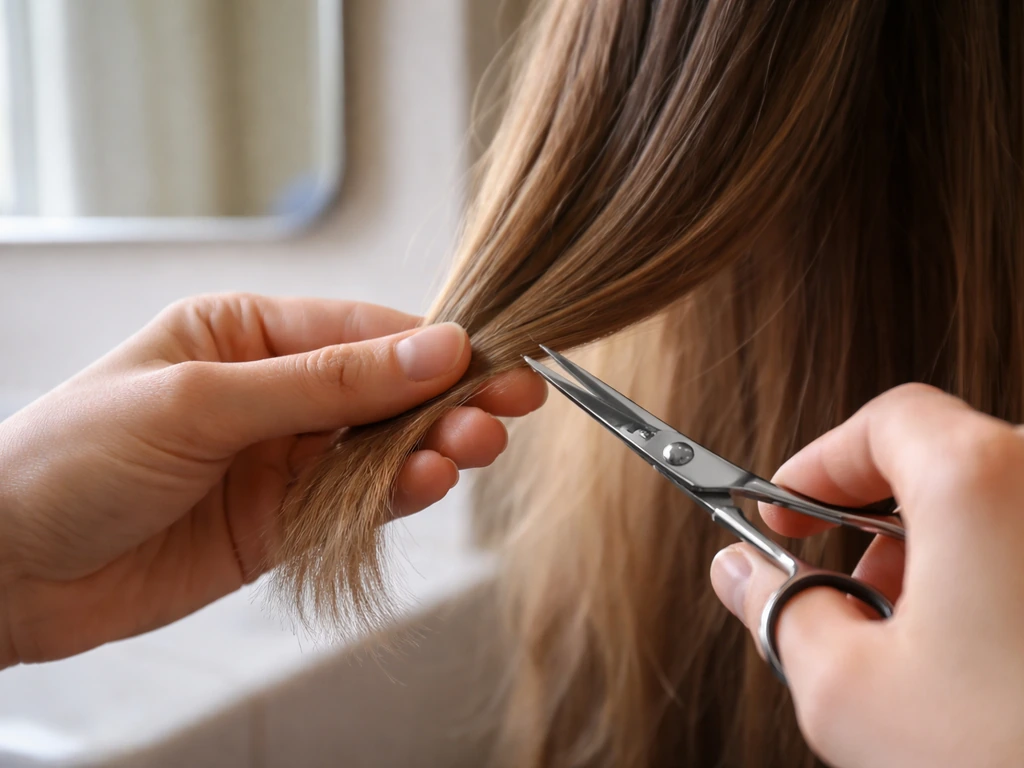 Hands dusting the last compromised ends of long hair with small scissors over a mirror