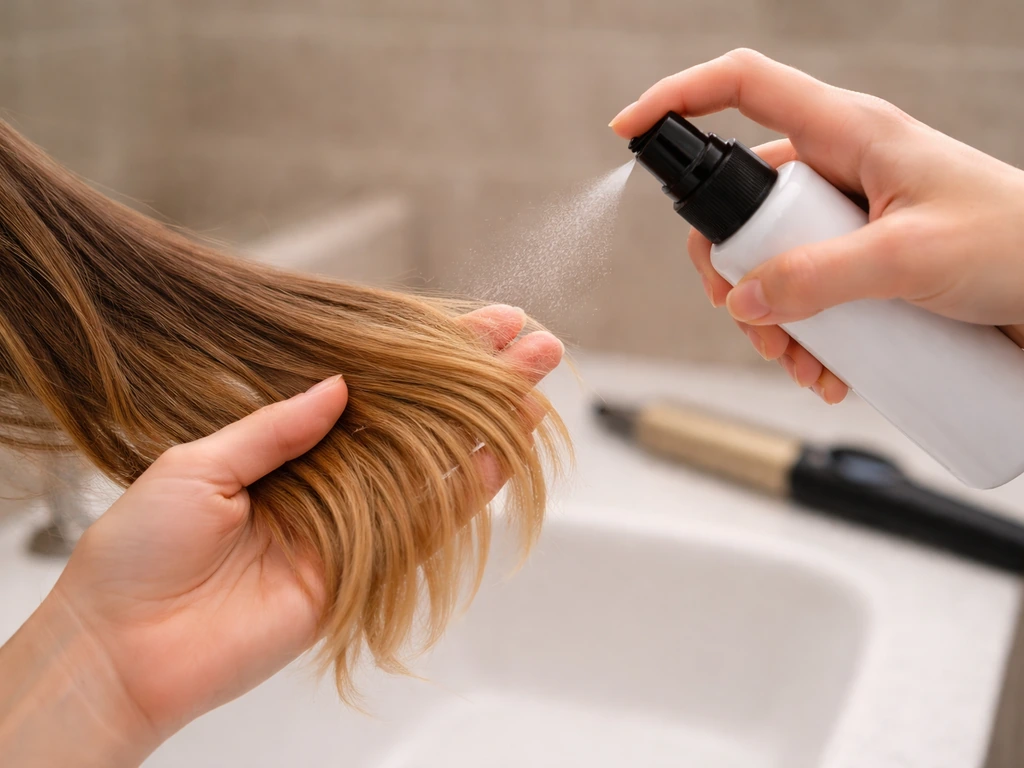 Hands applying heat protectant spray to dyed hair ends in a clean bathroom setting.