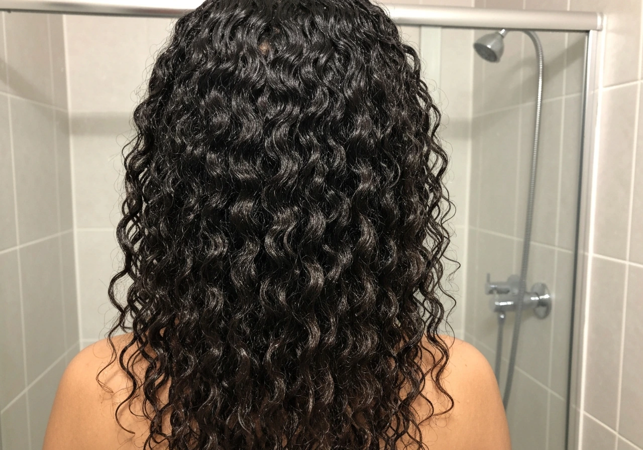 Defined curls hanging downward with water droplets in a minimal, softly lit bathroom background.