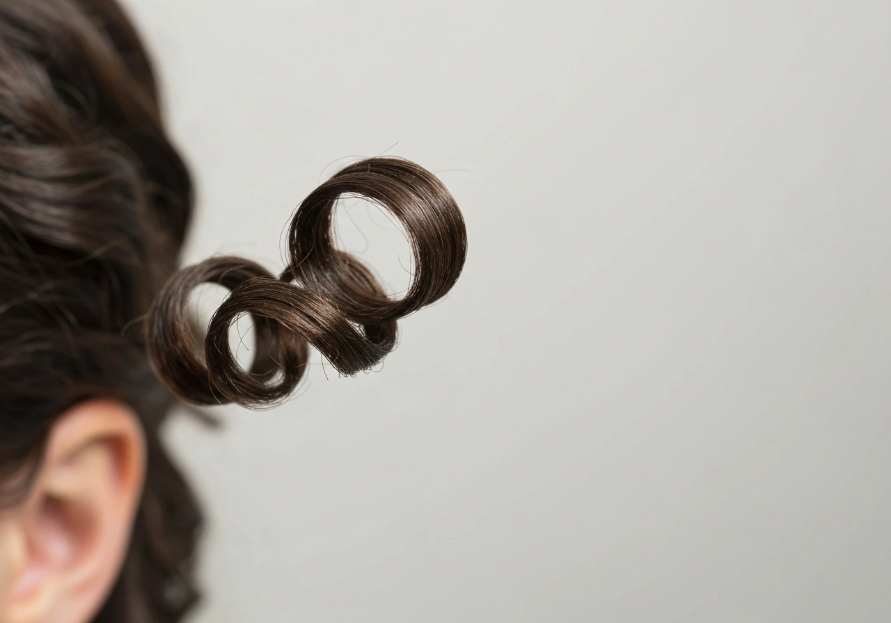 Close-up of curly hair strands showing a coil and how they look shorter when gathered near the scalp.