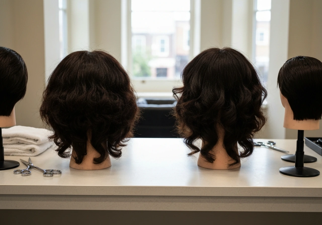 Salon counter with two side-by-side curl silhouettes showing outward vs downward-hanging curl shape.