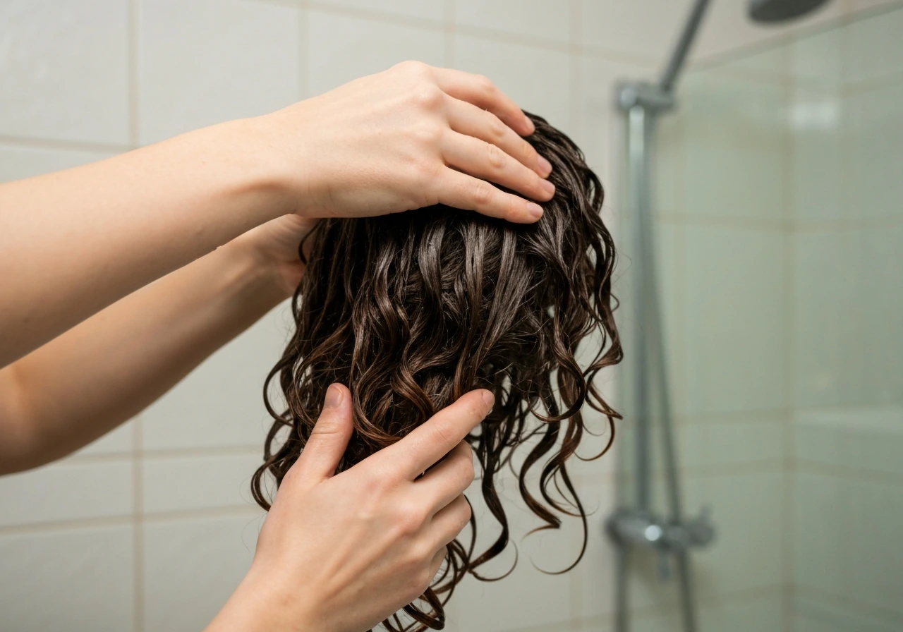 Anonymous hands apply product to soaking-wet curls with downward strokes in a bathroom.