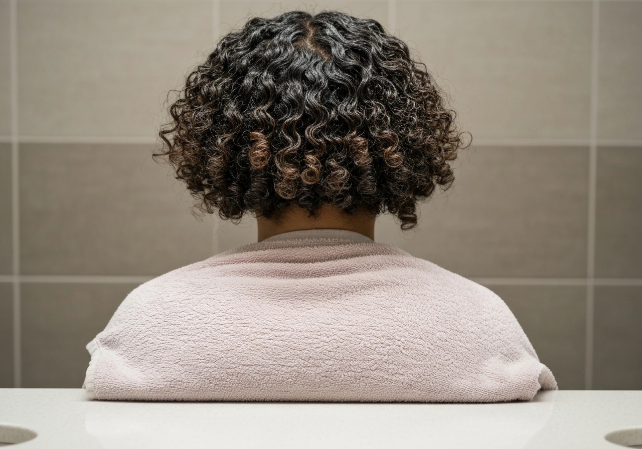 Curly hair wrapped flat in a cotton T-shirt for plopping on a bathroom counter.