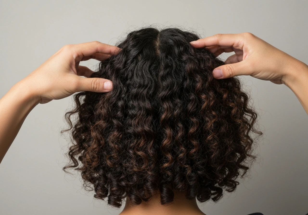 Hands smooth shoulder-length curls, showing more gravity-driven ringlets and less outward flare.