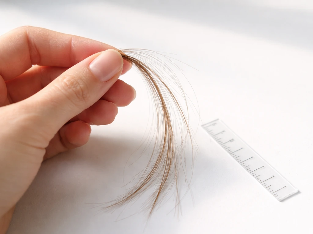Close-up of a hand holding a hair strand beside a small ruler with marked intervals for growth timeline.