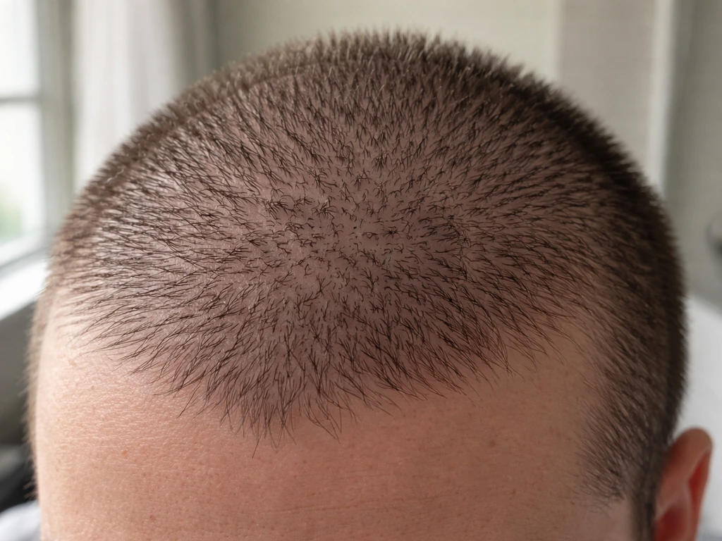 Close-up of short buzz-cut regrowth hair sticking up in different directions on a scalp.
