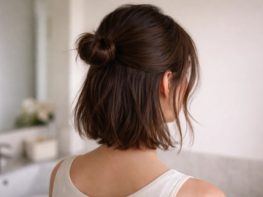 Anonymous person with textured hair in a tiny small bun and a few loose face-framing strands in natural light.