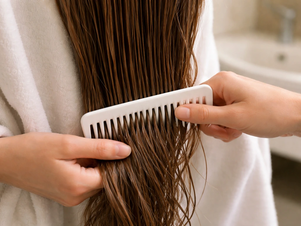 Hands detangling damp hair with a wide-tooth comb from the ends upward in a simple bathroom setting.