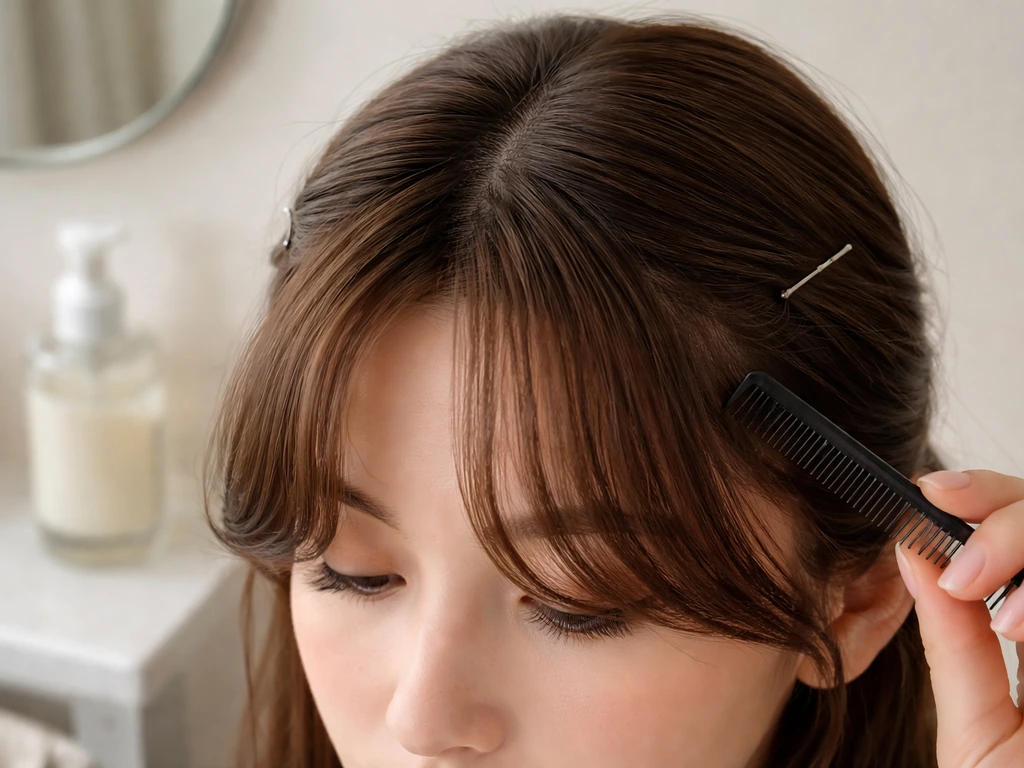 Person’s front hair pinned into a curtain-bang shape with a comb and small styling product