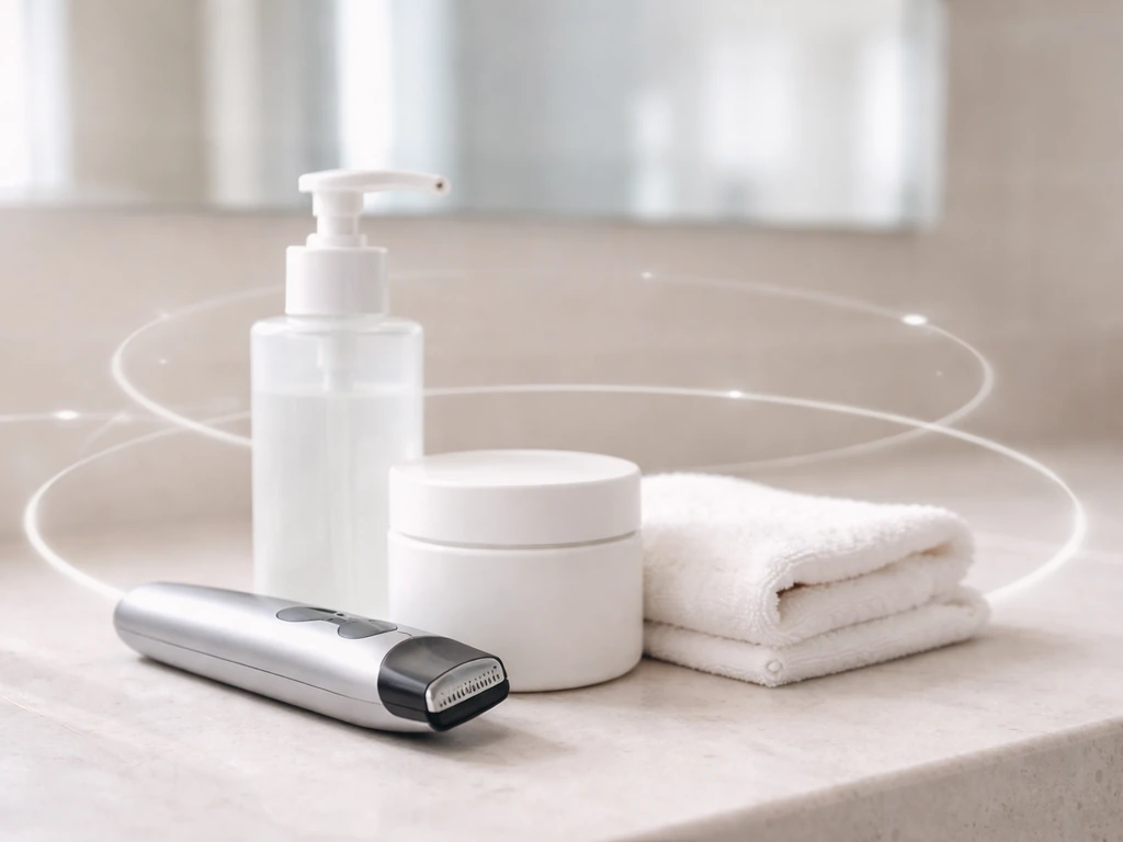 Bathroom counter with fragrance-free cleanser, moisturizer, and a soft cloth for pubic hair regrowth care