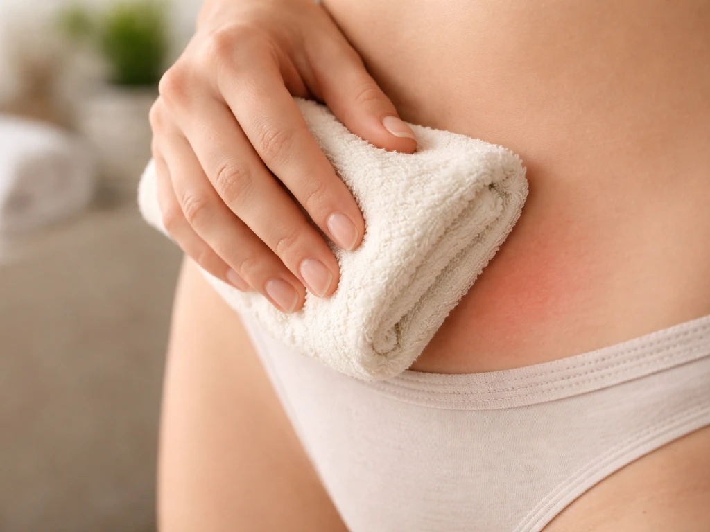 Close-up of a hand applying warm compress to smooth skin area, suggesting comfort and gentle care