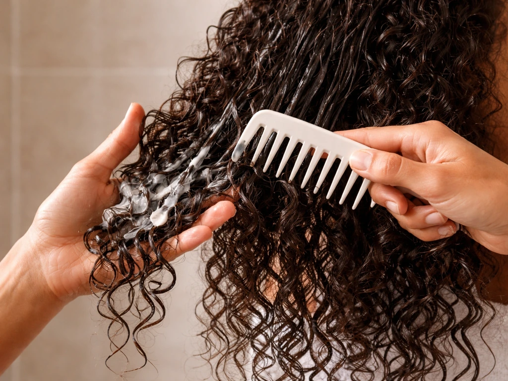 Hands apply curl moisturizer and gently comb wide-tooth through curly hair in a bright bathroom.