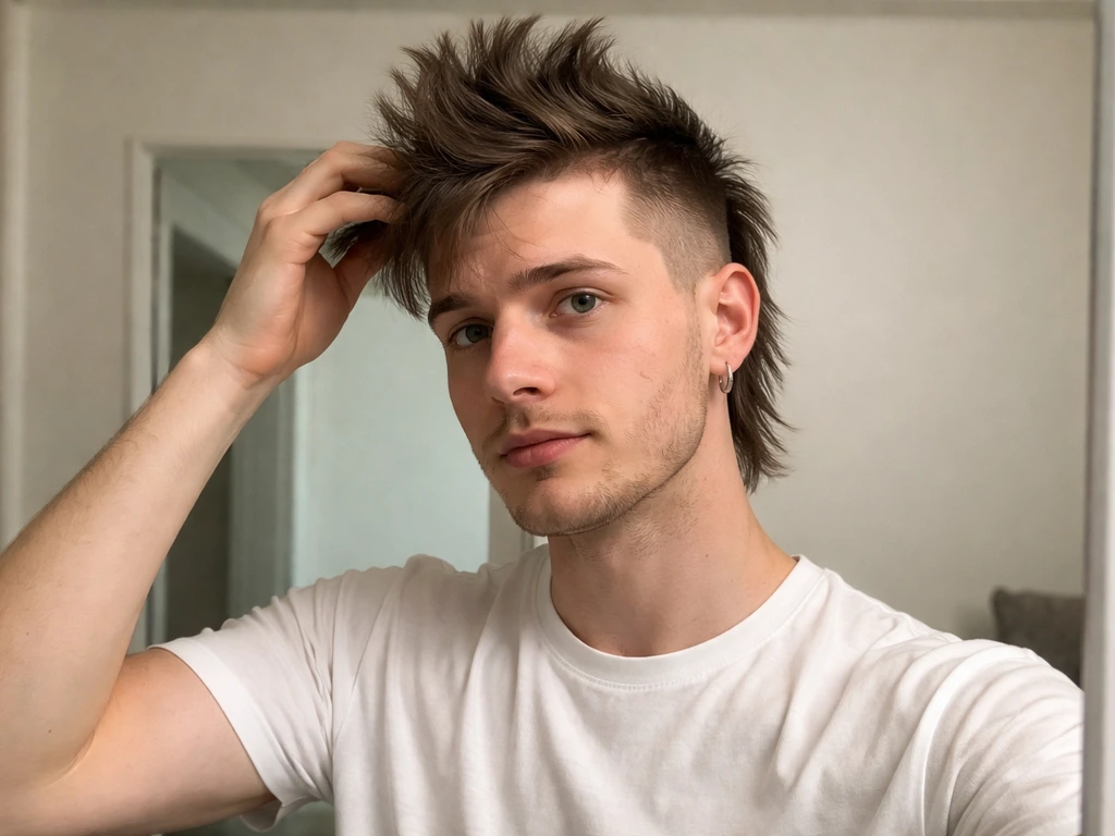 Young man showing mohawk grow-out in-between stage with blended sides and a clean undercut line