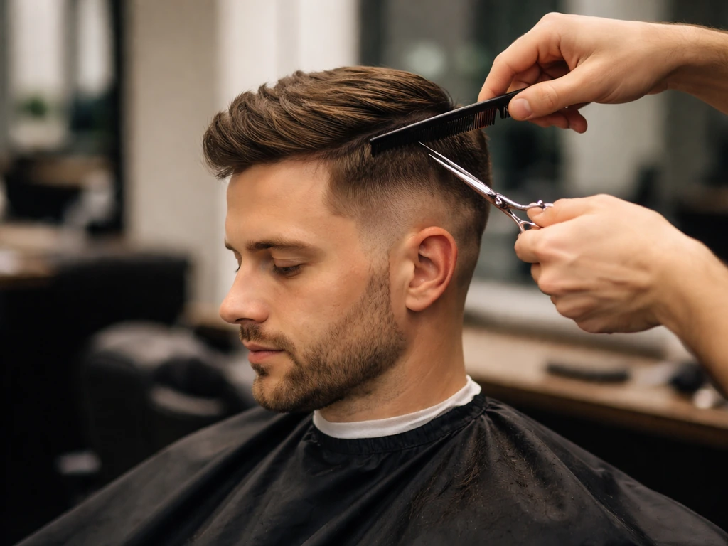 Barber’s hands blend the sides into longer top hair on a client in a quiet barbershop.