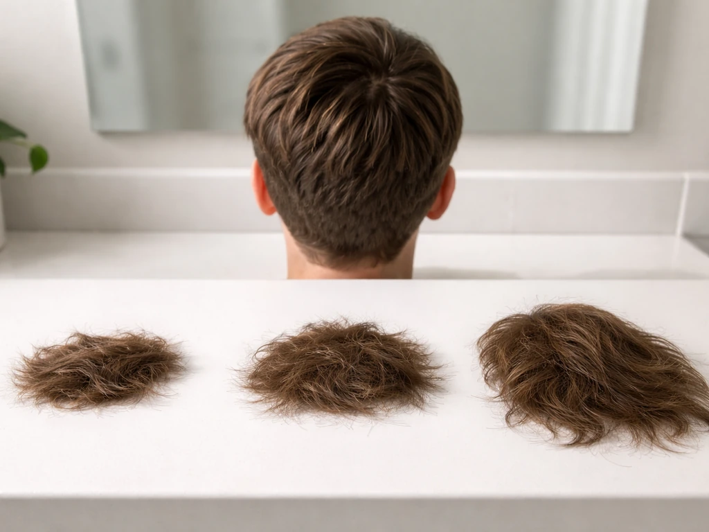 Three close-up views of a person’s hair at different lengths on a bathroom counter, showing gradual growth.