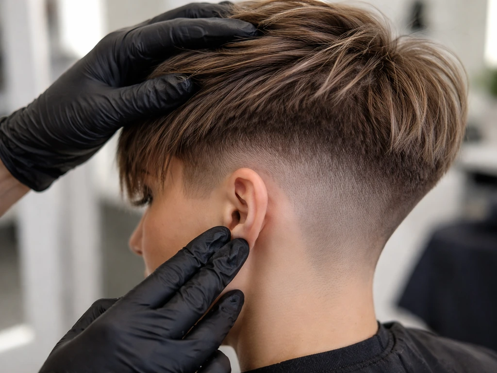 Close-up of a barber blending a close-shaved undercut into longer pixie hair, showing the smooth taper.