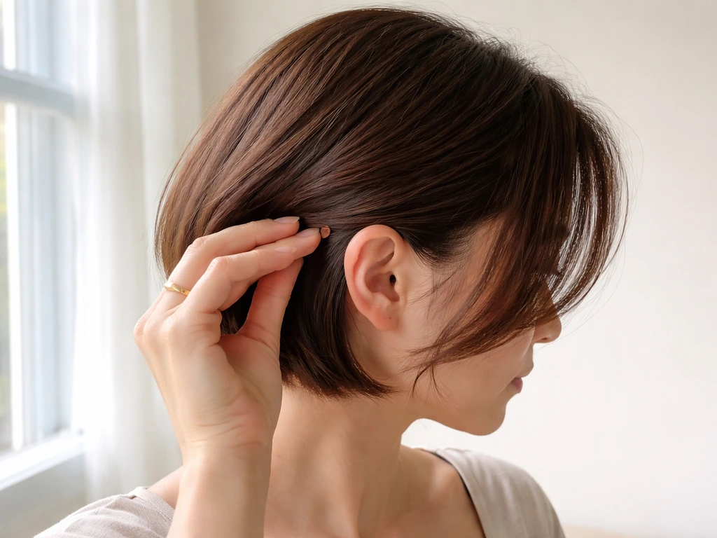 Hand tucks short hair behind ear with a bobby pin while longer hair is laid smooth.