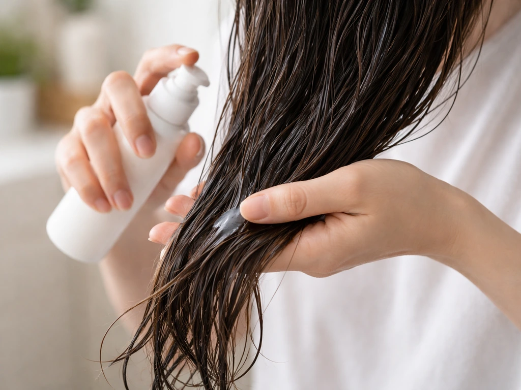 Hands applying leave-in conditioner to damp hair mid-strands to ends in soft natural light