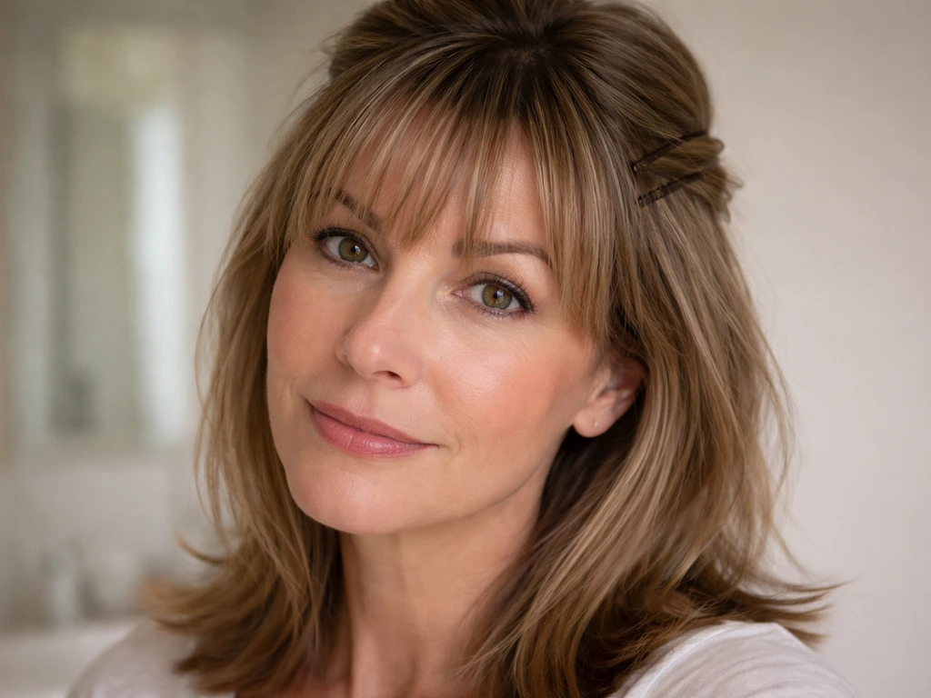 Over-50 woman showing awkward grow-out bangs length, hair pinned back in a bright, minimal setting
