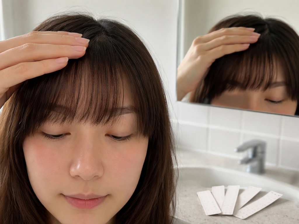 Anonymous bathroom mirror scene showing bangs parting and unlabeled hair-length strips implying a timeline.