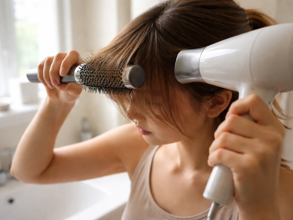 Person blow-drying slightly damp fringe with a round brush in a bright home bathroom