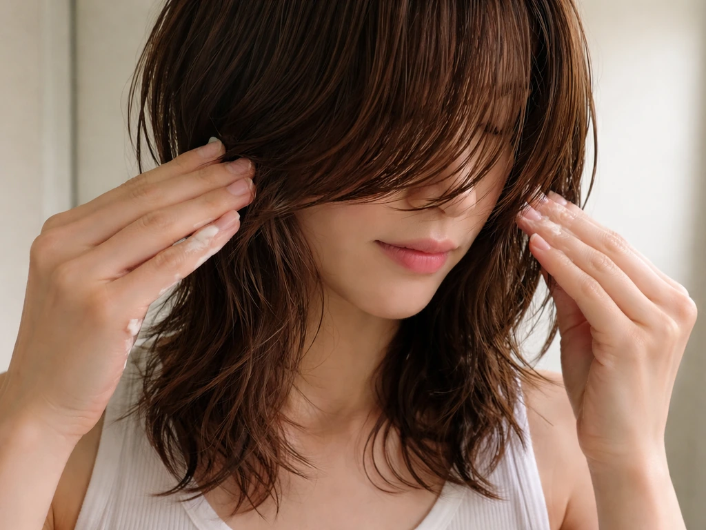 Anonymous hands apply light pomade to create longer bangs blended into soft waves near the cheeks.