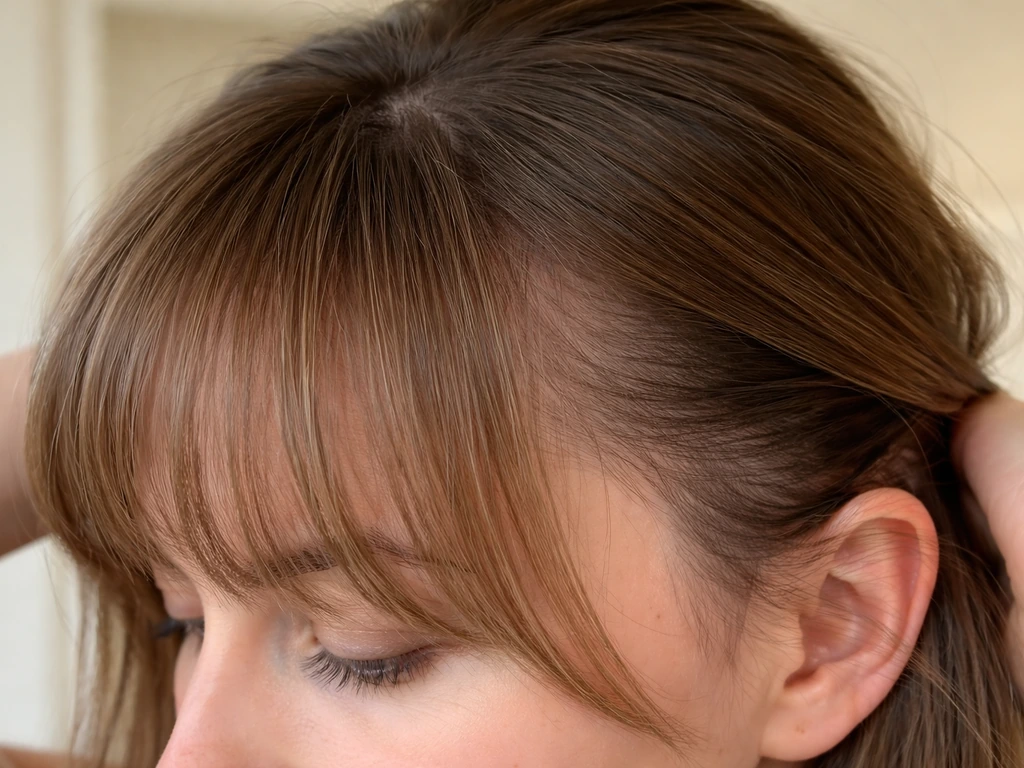 Close-up of thinning temple hairline with a wispy blunt fringe blending to reduce sparse corners.